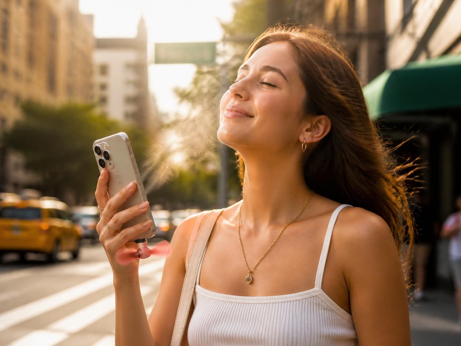 Woman cooling off with a phone-powered mini fan during a heatwave