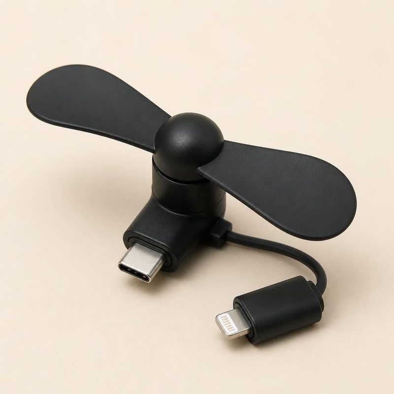 Coral phone fan plugged into a smartphone