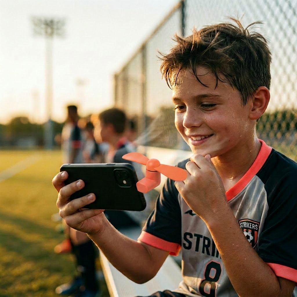 Kid on a sports sideline using the phone fan to stay cool