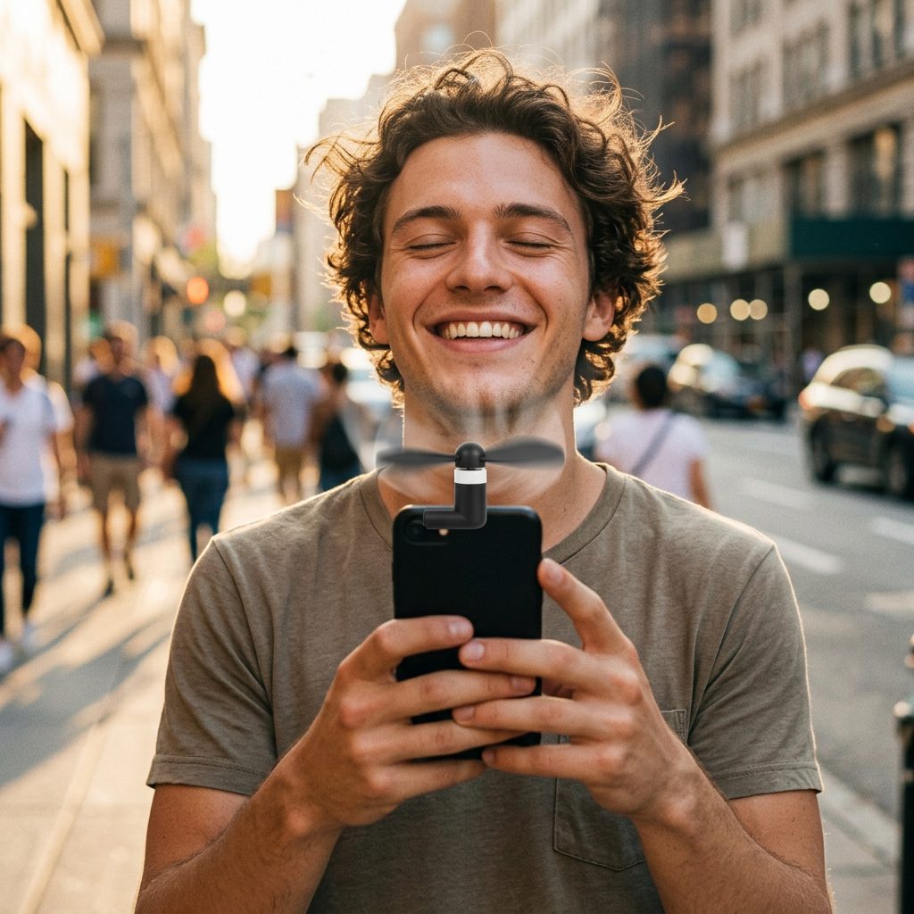 Man cooling off with the phone fan on a sunny sidewalk