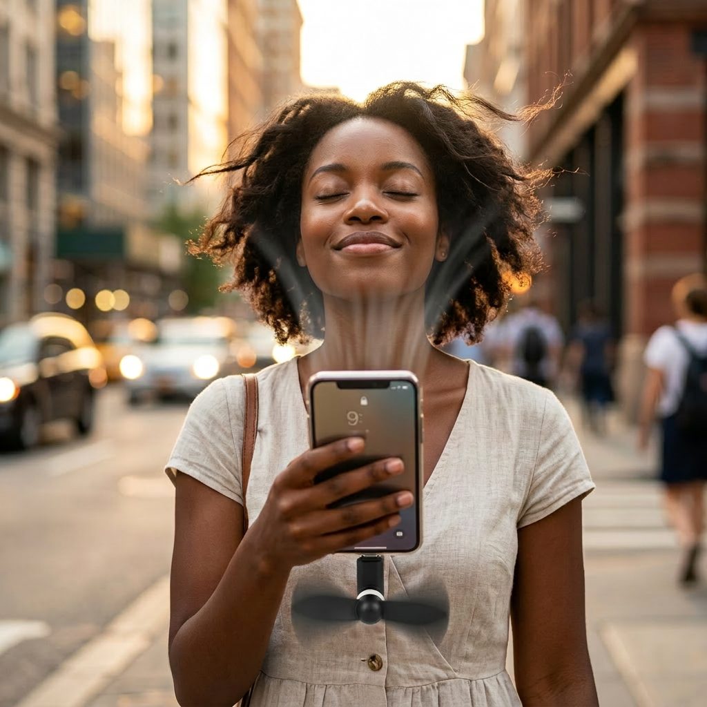 Woman using the phone fan to cool her face on a hot city street